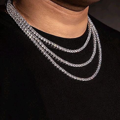 قلادة التنس 18 قيراط مطلية بالذهب الأبيض 5A 4.0 مم سلسلة من الألماس الصناعي المستدير من الزركونيوم للنساء والرجال 22 بوصة 4 شوكة (هدية سلسلة التنس) in Kuwait