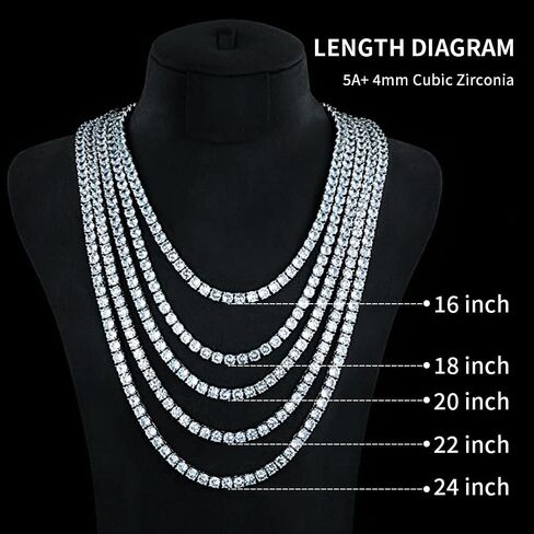 قلادة التنس 18 قيراط مطلية بالذهب الأبيض 5A 4.0 مم سلسلة من الألماس الصناعي المستدير من الزركونيوم للنساء والرجال 22 بوصة 4 شوكة (هدية سلسلة التنس) in Kuwait