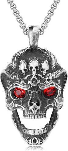 PINK TOWN Gothic Skull Necklace Vintage Red Crystal Skull Pendant Necklace Punk Stainless Steel Necklace Rock Biker Necklace Goth Halloween Skull Jewelry for Men Women in Saudi Arabia