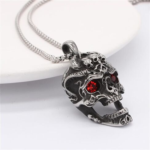 PINK TOWN Gothic Skull Necklace Vintage Red Crystal Skull Pendant Necklace Punk Stainless Steel Necklace Rock Biker Necklace Goth Halloween Skull Jewelry for Men Women in Saudi Arabia