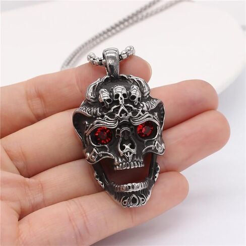 PINK TOWN Gothic Skull Necklace Vintage Red Crystal Skull Pendant Necklace Punk Stainless Steel Necklace Rock Biker Necklace Goth Halloween Skull Jewelry for Men Women in Saudi Arabia