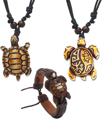 WCRAZYE 3 PCS Sea Turtle Necklace Bracelet Set for Women Mens Handmade Artificial Bone Carving Beach Ocean Animals Necklace Hawaiian Surf Jewelry in Saudi Arabia
