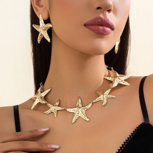 Starfish Choker Necklace and Earring Set for Women, Unique Jewelry Design, Gold/Sliver Starfish Necklace & Earrings for Beach and Party Looks in Saudi Arabia