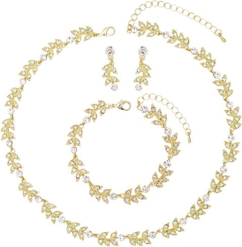 مجموعة مجوهرات الزفاف ذات القلادة الورقية والأقراط والسوار للنساء للعرائس وحفلات الزفاف والحفلات الراقصة in Kuwait