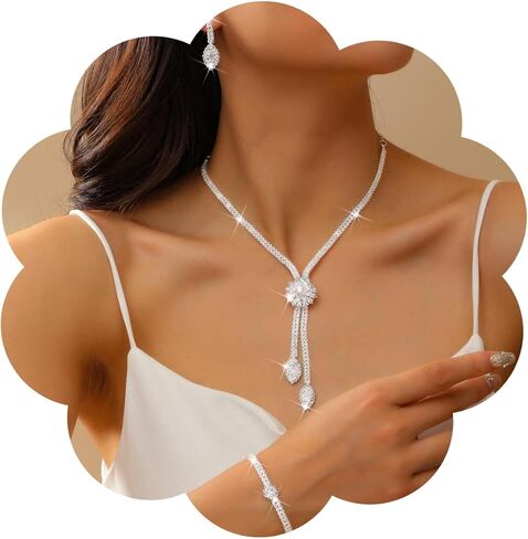 مجموعة مجوهرات الزفاف للنساء أنيقة للعرائس من حجر الراين الكريستالي وقلادة على شكل زهرة وأقراط مجموعة مجوهرات للعرائس العصرية مجوهرات تنكرية in Kuwait