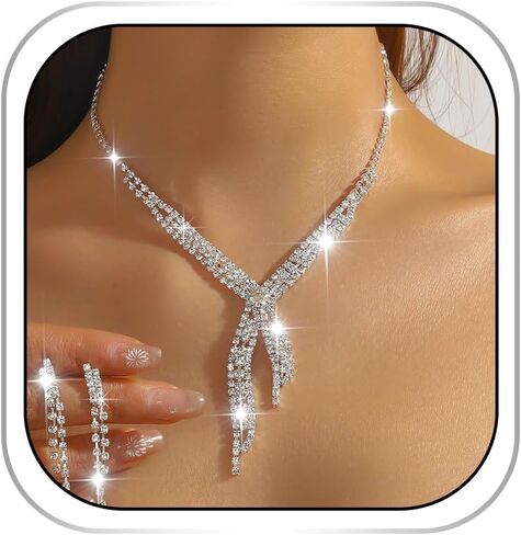 Abien Rhinestone Wedding Jewelry Set Sparkly Silver Rhinestone Necklace and Earring Set Crystal Choker Necklace Prom Jewelry for Women in Kuwait