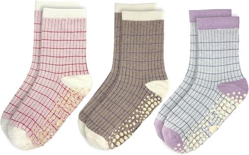 Striped Yoga Socks for Women – 3 Pairs Non Slip Grip Pilates Barre Crew Socks, Cute Grid Style, US Size 5-9 in Saudi Arabia