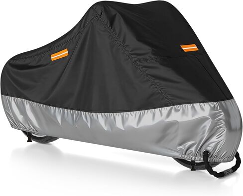 300D Motorcycle Cover Waterproof Outdoor, 108 inch Fits for Large Cruiser, Mid-Size Touring, Harley Davidson Street Glide, Road Glide, Softail Standard/Slim, Heritage Classic, Black Silver in Saudi Arabia