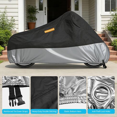 300D Motorcycle Cover Waterproof Outdoor, 108 inch Fits for Large Cruiser, Mid-Size Touring, Harley Davidson Street Glide, Road Glide, Softail Standard/Slim, Heritage Classic, Black Silver in Saudi Arabia