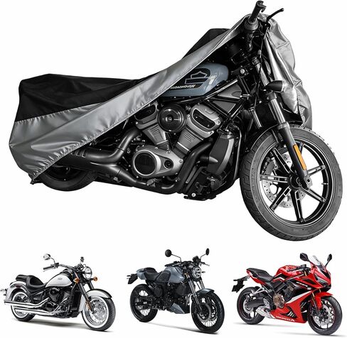 300D Motorcycle Cover Waterproof Outdoor, 108 inch Fits for Large Cruiser, Mid-Size Touring, Harley Davidson Street Glide, Road Glide, Softail Standard/Slim, Heritage Classic, Black Silver in Saudi Arabia