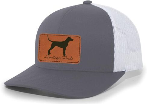 Heritage Pride Canine Collection Redbone Coonhound Deer Hunting Dog Mens Engraved Leather Patch Mesh Back Trucker Hat in Kuwait