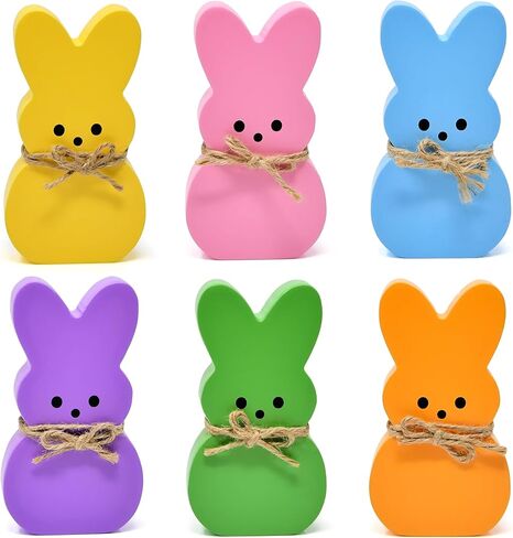 Gift Boutique Easter Bunny Tabletop Decorations – Set of 6 Colorful Wooden Rabbit Figurines with Bow for Spring, Tiered Tray & Home Décor in Saudi Arabia