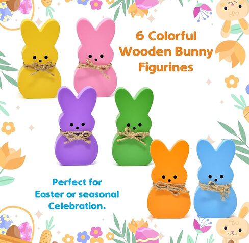Gift Boutique Easter Bunny Tabletop Decorations – Set of 6 Colorful Wooden Rabbit Figurines with Bow for Spring, Tiered Tray & Home Décor in Saudi Arabia