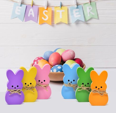 Gift Boutique Easter Bunny Tabletop Decorations – Set of 6 Colorful Wooden Rabbit Figurines with Bow for Spring, Tiered Tray & Home Décor in Saudi Arabia