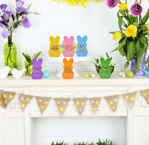 Gift Boutique Easter Bunny Tabletop Decorations – Set of 6 Colorful Wooden Rabbit Figurines with Bow for Spring, Tiered Tray & Home Décor in Saudi Arabia