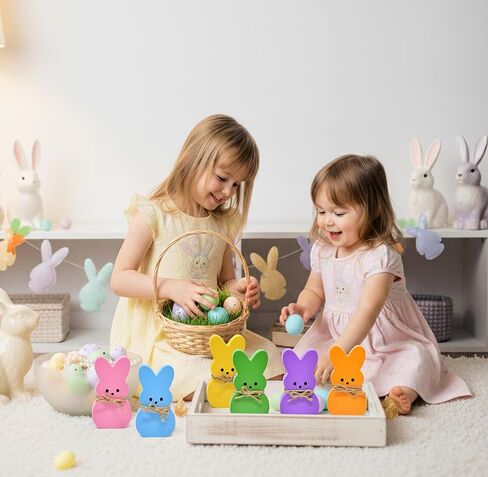 Gift Boutique Easter Bunny Tabletop Decorations – Set of 6 Colorful Wooden Rabbit Figurines with Bow for Spring, Tiered Tray & Home Décor in Saudi Arabia