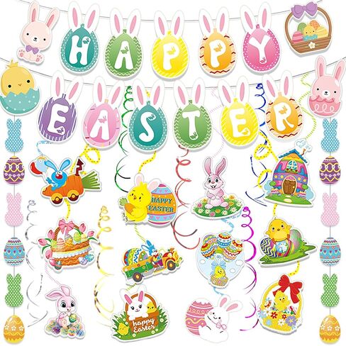 45 Pcs Happy Easter Banners Garland Easter Decorations for Office Home School Classroom Bunny Egg Hanging Decor Supplies for Egg Hunt Party Favors in Saudi Arabia