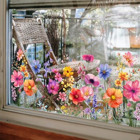 Flower Wall Decor Living Room Boho Decor, Removable Peel and Stick Colorful Flower Stickers for Window Clings, Floral Wallpaper Wall Decals Art for Bedroom Bathroom, Multicolor in Saudi Arabia