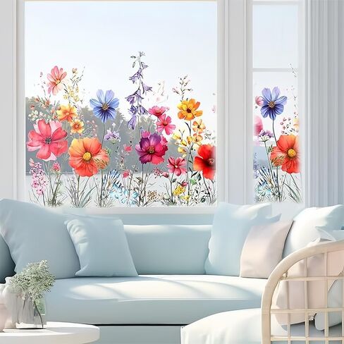 Flower Wall Decor Living Room Boho Decor, Removable Peel and Stick Colorful Flower Stickers for Window Clings, Floral Wallpaper Wall Decals Art for Bedroom Bathroom, Multicolor in Saudi Arabia