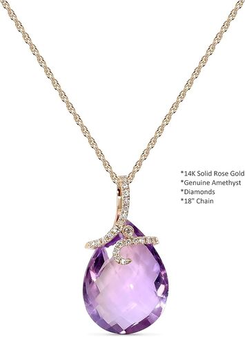 14K Rose Gold Genuine Amethyst 9-3/4 Ct Drop Pendant Necklace with Diamonds in Saudi Arabia
