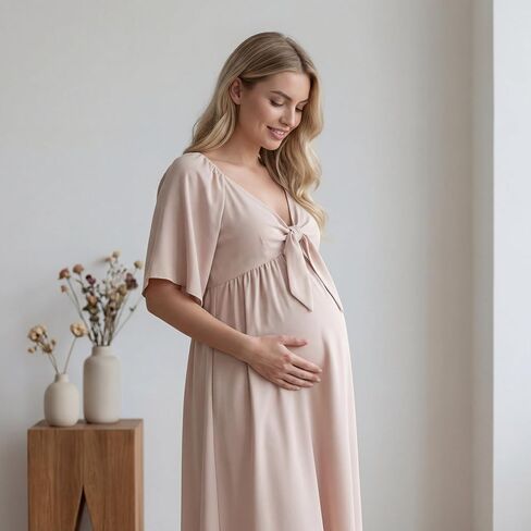 Cichic Bow Flutter Sleeve Solid V-Neck Flowy Vacation Beach Cute Baby Shower Photoshoot Maternity Maxi Dress in Saudi Arabia