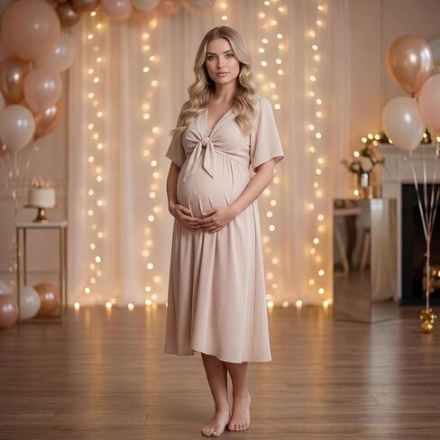 Cichic Bow Flutter Sleeve Solid V-Neck Flowy Vacation Beach Cute Baby Shower Photoshoot Maternity Maxi Dress in Saudi Arabia