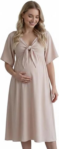 Cichic Bow Flutter Sleeve Solid V-Neck Flowy Vacation Beach Cute Baby Shower Photoshoot Maternity Maxi Dress in Kuwait