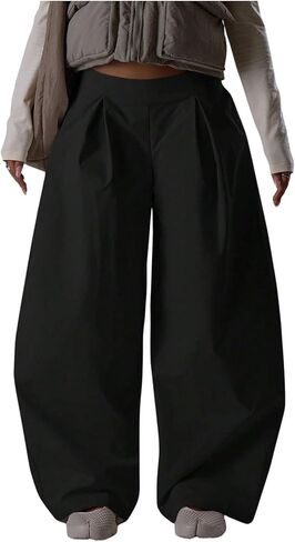 سراويل GORGLITTER النسائية ذات الحجم الكبير والمطويات الفضفاضة، سراويل كاجوال منخفضة الارتفاع للأعمال in Kuwait