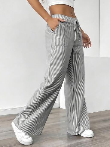 Womens Linen Pants Striped Wide Leg Pants Wide Leg Casual Striped Drawstring Elastic Waisted Lounge Trousers with Pockets in Saudi Arabia