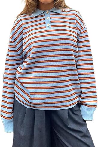قمصان نسائية مخططة للرجبي كبيرة الحجم بأكمام طويلة وياقة بولو Preppy سترة بولو قمصان محبوكة جمالية عتيقة in Kuwait