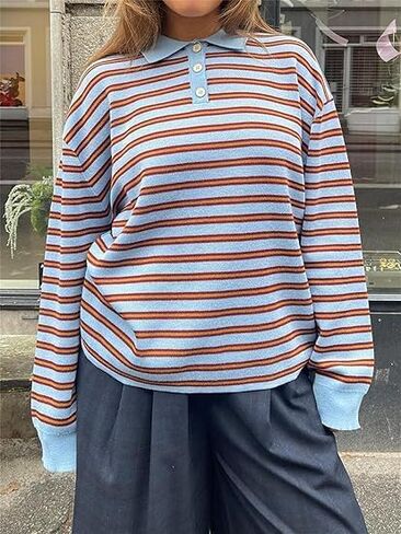 Women Striped Rugby Shirts Oversized Long Sleeve Collared Preppy Polo Sweater Vintage Aesthetic Knitted Shirts in Kuwait