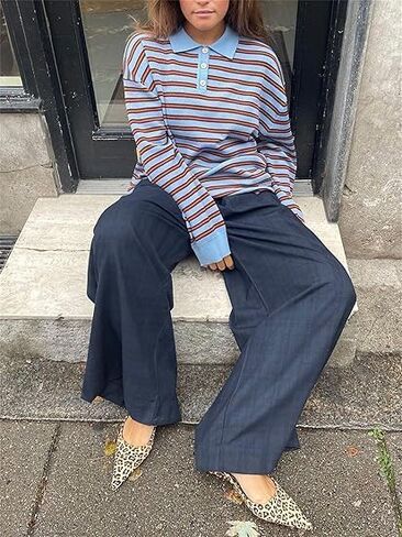 Women Striped Rugby Shirts Oversized Long Sleeve Collared Preppy Polo Sweater Vintage Aesthetic Knitted Shirts in Kuwait