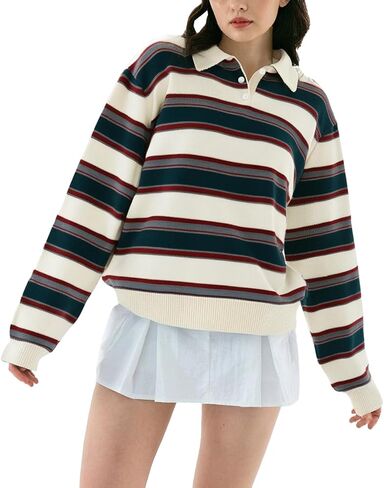 Women Striped Rugby Shirts Oversized Long Sleeve Collared Preppy Polo Sweater Vintage Aesthetic Knitted Shirts in Kuwait