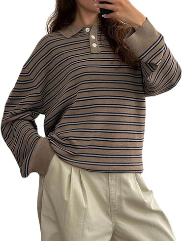 Women Striped Rugby Shirts Oversized Long Sleeve Collared Preppy Polo Sweater Vintage Aesthetic Knitted Shirts in Kuwait