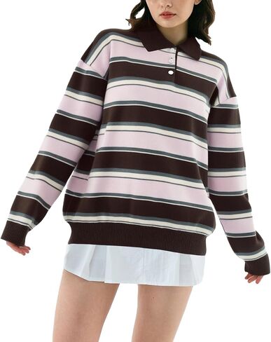 Women Striped Rugby Shirts Oversized Long Sleeve Collared Preppy Polo Sweater Vintage Aesthetic Knitted Shirts in Kuwait