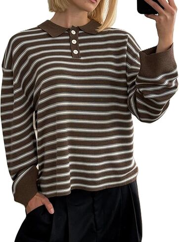 Women Striped Rugby Shirts Oversized Long Sleeve Collared Preppy Polo Sweater Vintage Aesthetic Knitted Shirts in Kuwait