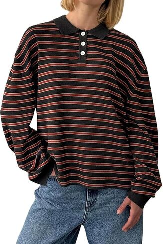 Women Striped Rugby Shirts Oversized Long Sleeve Collared Preppy Polo Sweater Vintage Aesthetic Knitted Shirts in Kuwait