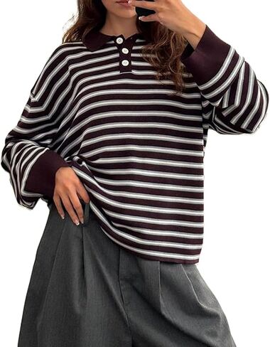 Women Striped Rugby Shirts Oversized Long Sleeve Collared Preppy Polo Sweater Vintage Aesthetic Knitted Shirts in Kuwait