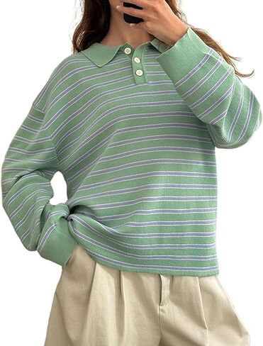 Women Striped Rugby Shirts Oversized Long Sleeve Collared Preppy Polo Sweater Vintage Aesthetic Knitted Shirts in Kuwait