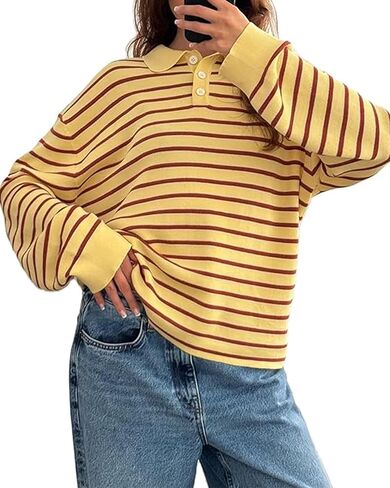 Women Striped Rugby Shirts Oversized Long Sleeve Collared Preppy Polo Sweater Vintage Aesthetic Knitted Shirts in Kuwait