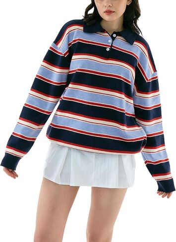 Women Striped Rugby Shirts Oversized Long Sleeve Collared Preppy Polo Sweater Vintage Aesthetic Knitted Shirts in Kuwait