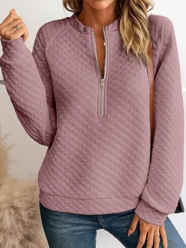 Women Half Zip Up Quilted Sweatshirt Lightweight Crew Neck Long Sleeve Hoodies Loose Fall Fashion Textured Pullover Tops in Saudi Arabia