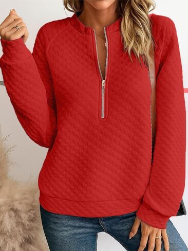 Women Half Zip Up Quilted Sweatshirt Lightweight Crew Neck Long Sleeve Hoodies Loose Fall Fashion Textured Pullover Tops in Saudi Arabia