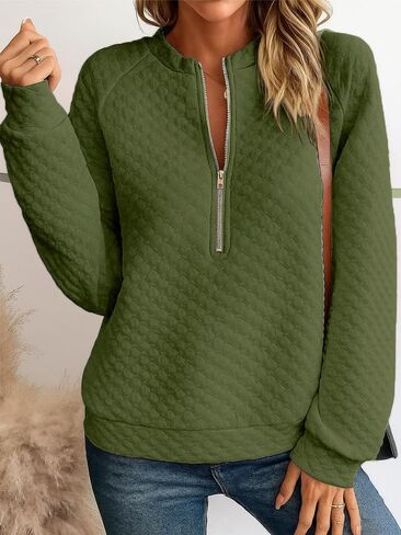 Women Half Zip Up Quilted Sweatshirt Lightweight Crew Neck Long Sleeve Hoodies Loose Fall Fashion Textured Pullover Tops in Saudi Arabia