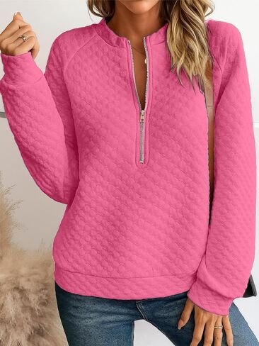 Women Half Zip Up Quilted Sweatshirt Lightweight Crew Neck Long Sleeve Hoodies Loose Fall Fashion Textured Pullover Tops in Saudi Arabia