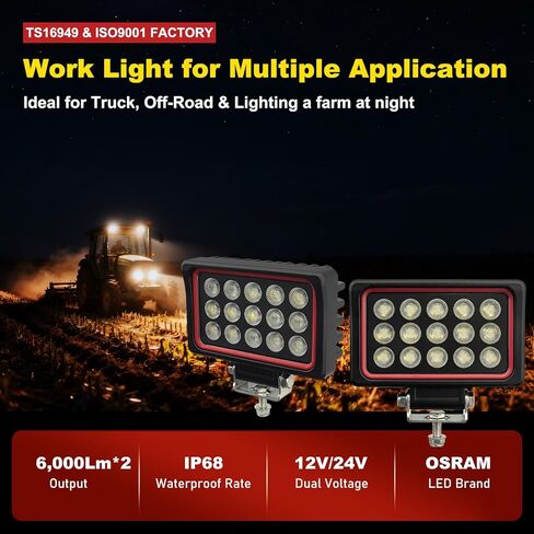 أضواء عمل LED 150 وات 6 بوصة للشاحنة، قطعتان 12000LM مقاومة للماء مصابيح فيضانات LED للشاحنات للمعدات الثقيلة لحفارة الجرارات، 12 فولت/24 فولت (إطار أحمر) in Kuwait