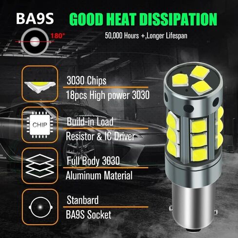 YEORO AC/DC 9-36V BA9S LED Bulbs White,600LM BA9 BA9S 53 57 1895 64111LED Car Ligh Bulbs Super Bright 3030 18-SMD Chips for Car Interior Dome Map License Plate Glove Box Light. in Kuwait