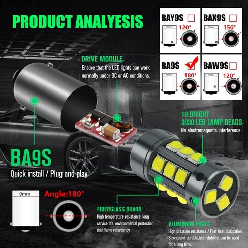 YEORO AC/DC 9-36V BA9S LED Bulbs White,600LM BA9 BA9S 53 57 1895 64111LED Car Ligh Bulbs Super Bright 3030 18-SMD Chips for Car Interior Dome Map License Plate Glove Box Light. in Kuwait