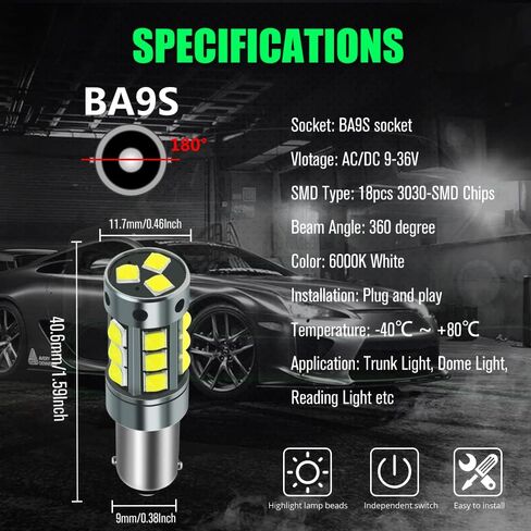YEORO AC/DC 9-36V BA9S LED Bulbs White,600LM BA9 BA9S 53 57 1895 64111LED Car Ligh Bulbs Super Bright 3030 18-SMD Chips for Car Interior Dome Map License Plate Glove Box Light. in Kuwait