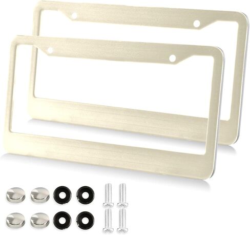 xigua Beige Cream Solid Color License Plate Frames 2 Pack, Waterproof Aluminum Alloy Car Tag Holder 2 Holes License Plate Brackets with Screw Caps Auto Accessories in Saudi Arabia